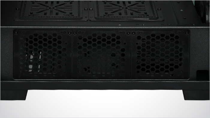 Closeup shot of the bottom of the Rosewill CULLINAN MX-Red case, showing ventilation holes