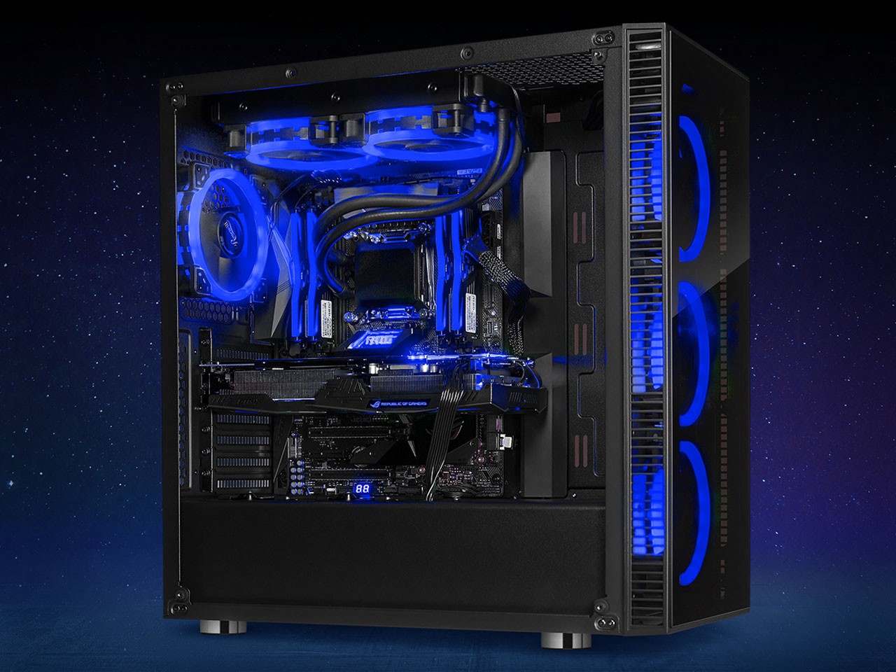 Dual Ring Blue LED Fans Tempered Glass ATX Mid Tower Computer Gaming PC Case 
