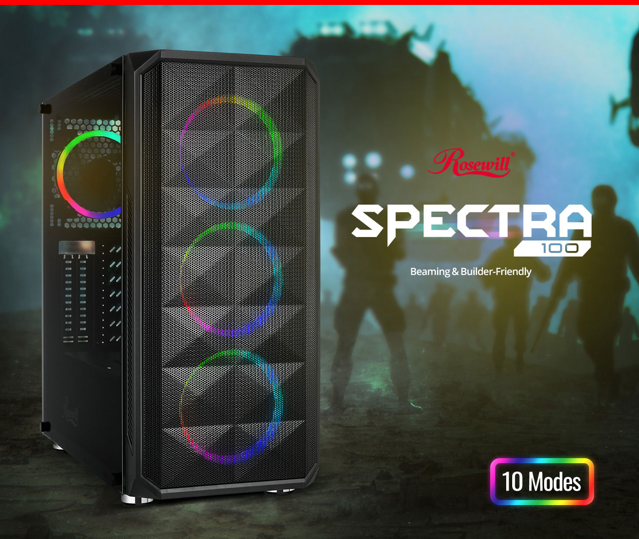 Rosewill SPECTRA D100 case angled to the right with four glowing rainbow RGB lights. Next to the case is text that reads Beaming & Builder-Friendly. Below the text is a 10 Modes RGB lighting effects graphic