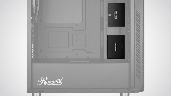 Rosewill SPECTRA D100 facing tot he right with everything grayed out except the two front SSD bays