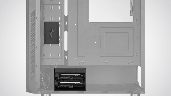 Rosewill SPECTRA D100 case facing to the left with everything grayed out except the rear storage areas