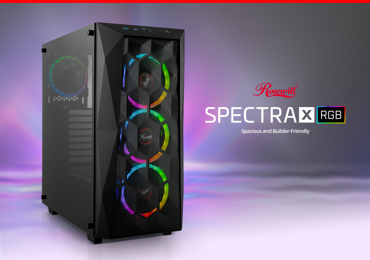 Rosewill ATX Mid Tower Gaming PC Computer Case with Front-Mesh Ventilation Angled to the Right with Text That Reads: Spacious and Builder-Friendly
