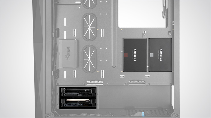 Highlighted Storage Areas on the Rosewill ATX Mid Tower Gaming PC Computer Case with Front Mesh Ventilation