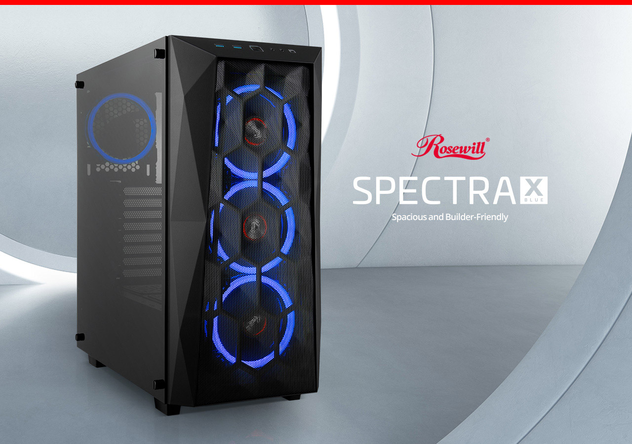 Rosewill ATX Mid Tower Gaming PC Computer Case Angled to the Right with Text That Reads: Spacious and Builder-Friendly
