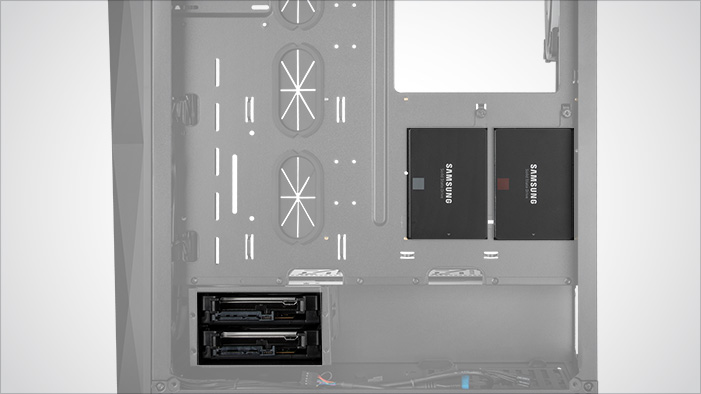 Highlighted Storage Areas on the Rosewill ATX Mid Tower Gaming PC Computer Case