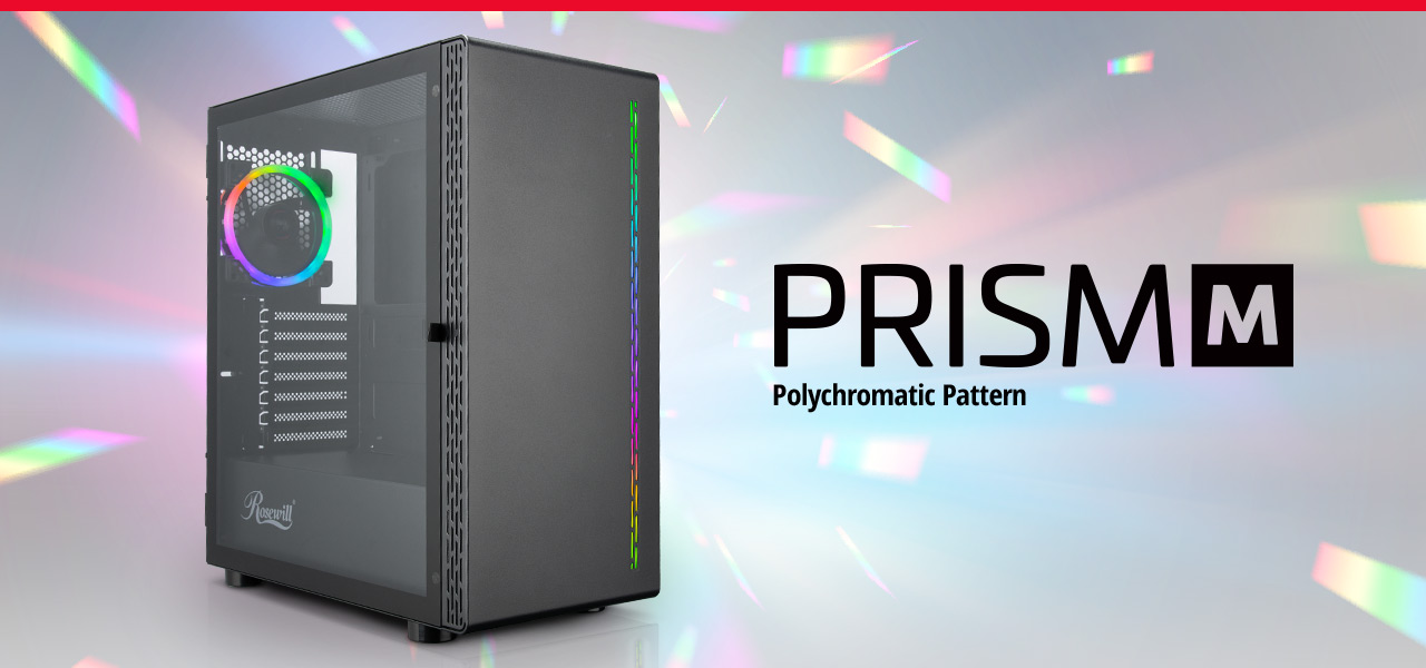 The PRISM M gaming case on the left and name PRISM M Polychromatic Pattern on the right