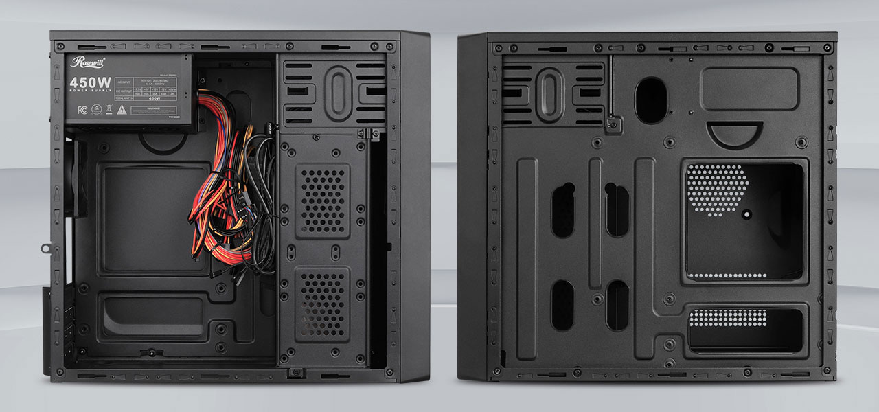 inside and outside detail of the SRM-01B-450 Micro ATX Mini Tower