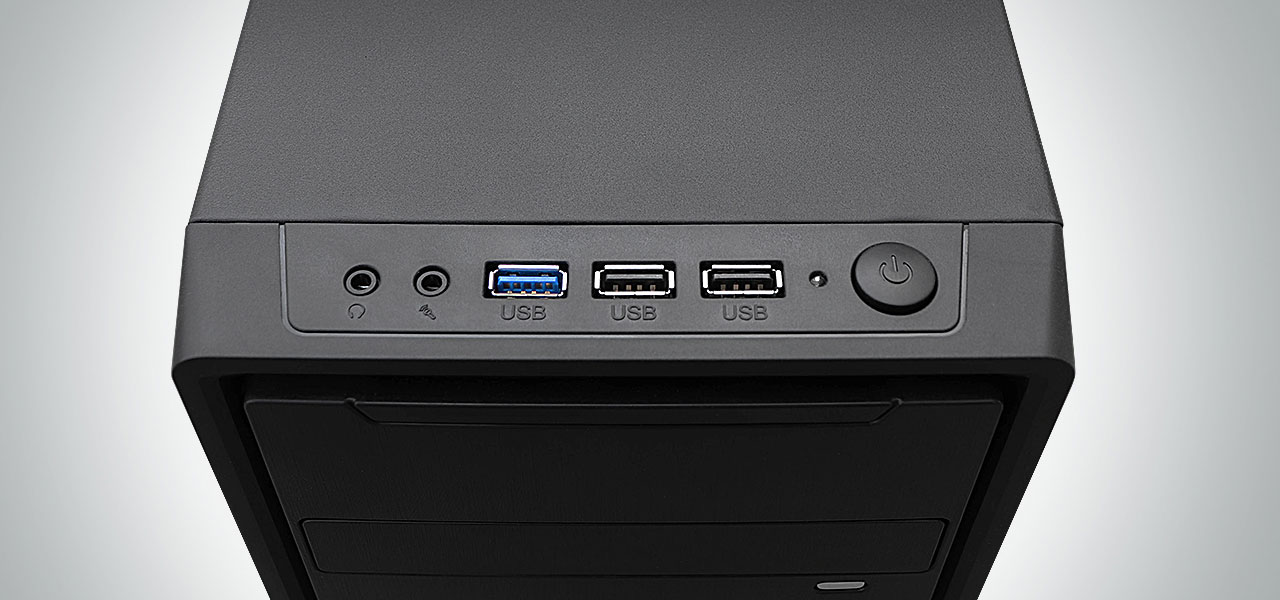 detail of the top I/O Convenient top I/O with one USB 3.0 port, two USB 2.0 ports, audio-in and mic-out jacks