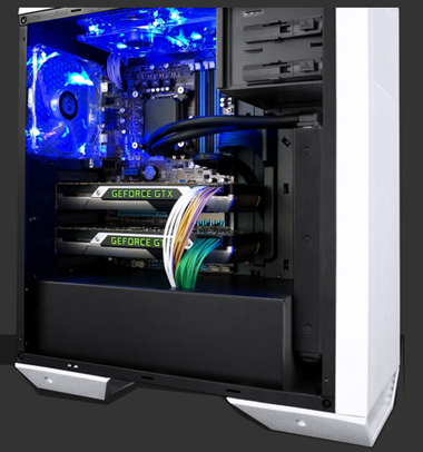 left view of RAIDMAX Monster II SE showing two graphics cards and a water cooling system inside