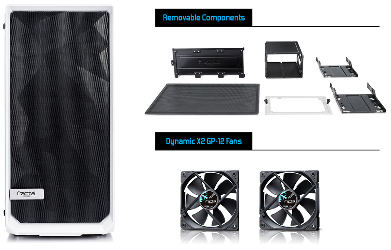 Meshify C front view and removable components and two fans