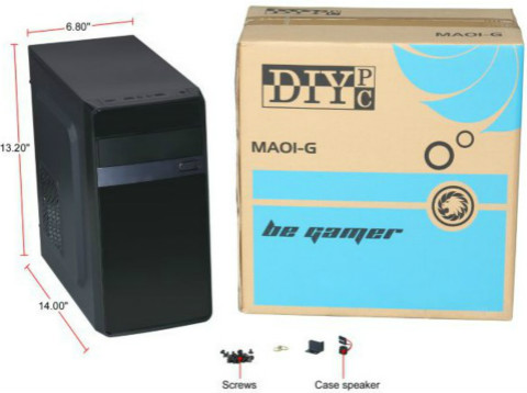 DIYPC MA01-G Facing Down to the Right Next to Its Product Box along with text and graphics that indicate 6.8 inch length, 13.2 inch height and 14 inch depth