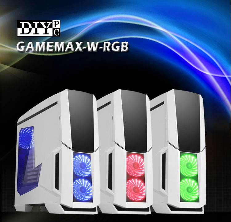 DIYPC GAMEMAX-W-RGB Banner showing three white cases (one has blue lighting, the others red and green) 