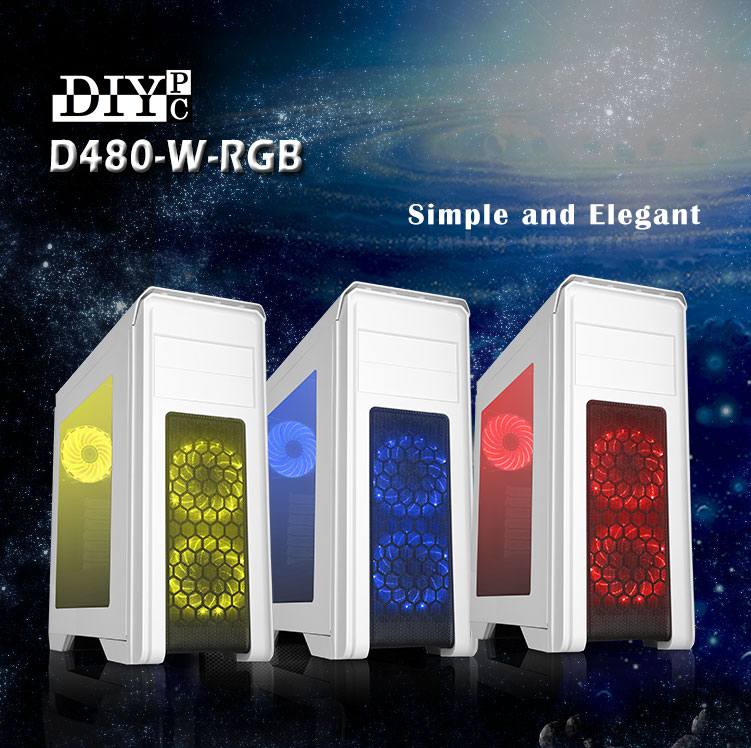DIYPC D480-W-RGB Banner showing Three cases, One lit in yellow, one in blue, one in red and text that reads: Simple and Elegant