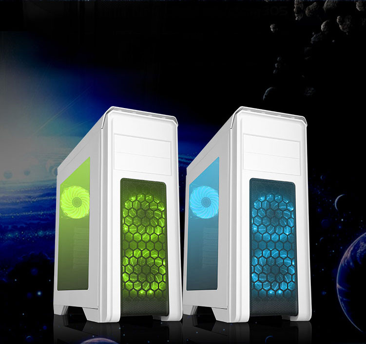 Two D480-W-RGB cases, one lit in lime and green and the other in ocean blue