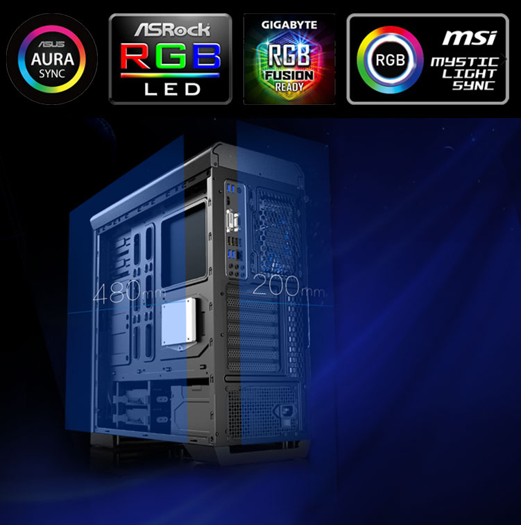 DIYPC case with logos of compatible RGB software and where 200mm and 480mm fans can be installed