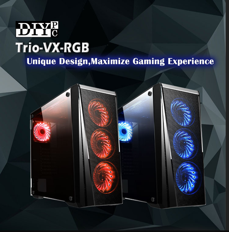 DIYPC Trio-VX-RGB Banner Showing 2 Cases (One red, one blue) with text that reads Unique Design, Meximized Gaming Experience