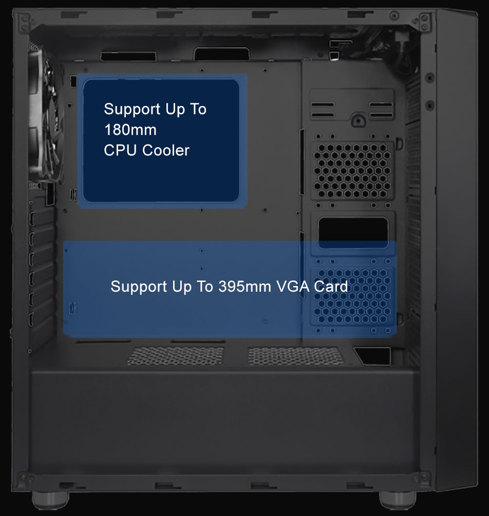 The DIYPC DIY-Line-RGB Case facing to the right with its side panel removed and transparent blue highlighted areas indicating: Support for up to a 180mm CPU Cooler and support for up to a 395mm graphics card