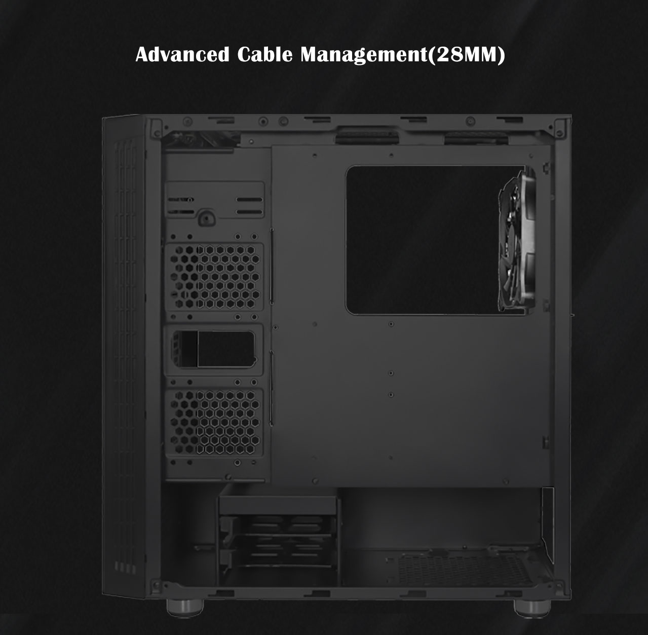 The DIYPC DIY-Line-RGB Case facing to the left with its side panel removed and text above that reads: Advanced Cable Management (28mm)