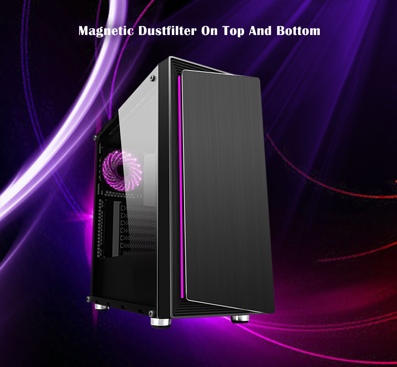 The DIYPC DIY-Line-RGB Case facing to the right with purple lighting and text above it that reads: Magnetic Dust Filter on top and bottom