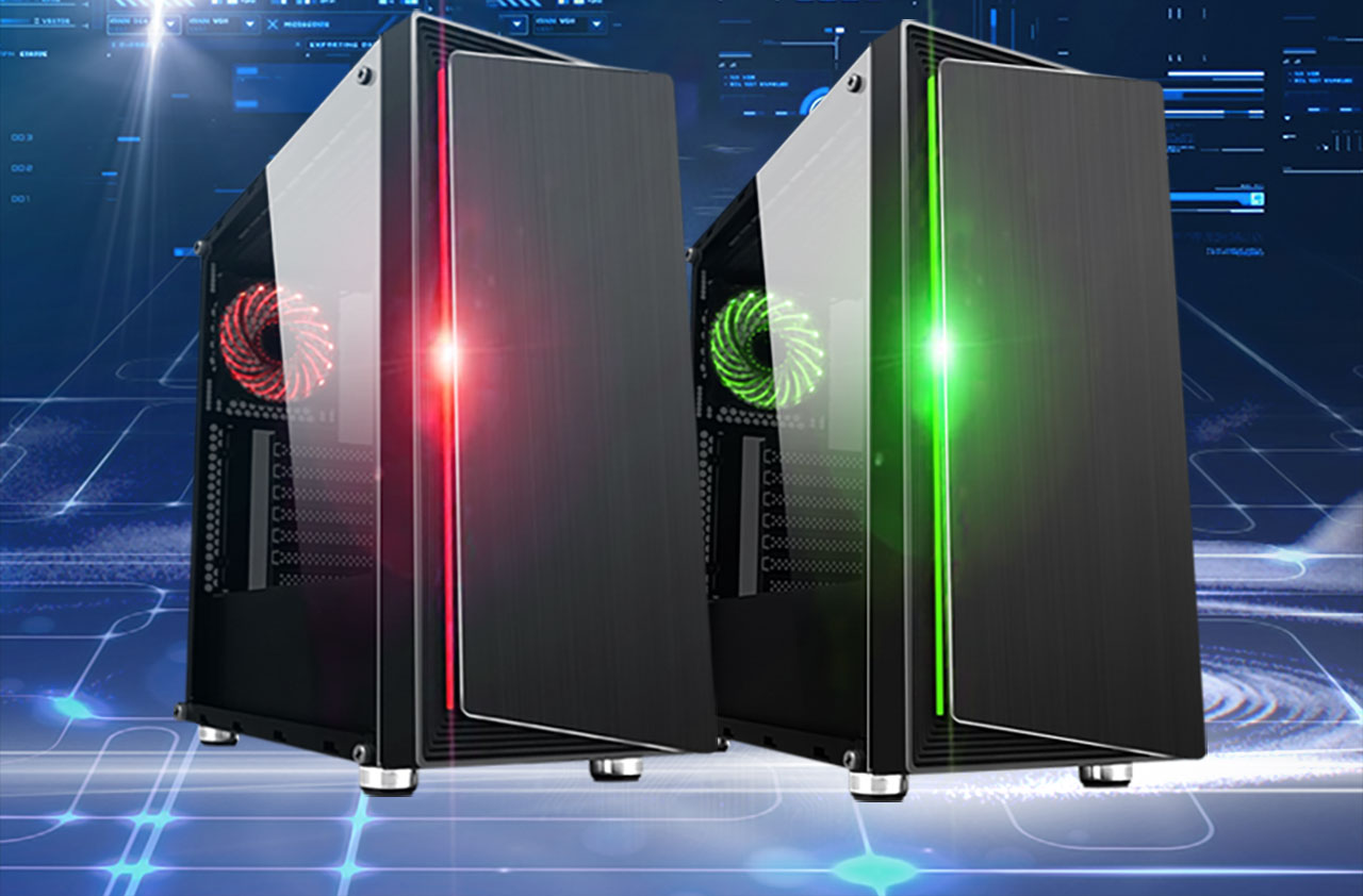 Two DIYPC DIY-Line-RGB Cases Lined up, facing to the right, the left case has red lighting and the right has green lighting. The background is a blue circuit-like graphic design