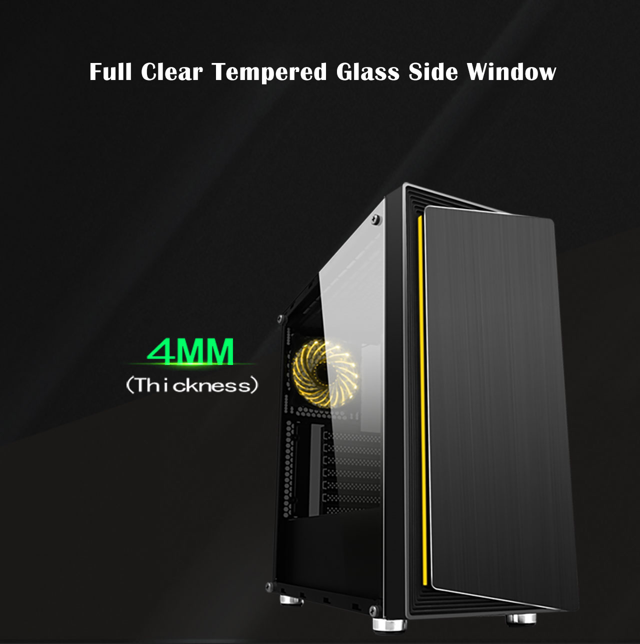 The DIYPC DIY-Line-RGB Case facing to the right with yellow lighting and text that reads: 4MM (Thickness). The text above it all reads: Full Clear Tempered Glass Side Window