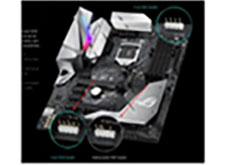 A compatible Aura-enabled motherboard with two 12V addressable RGB headers being pointed out