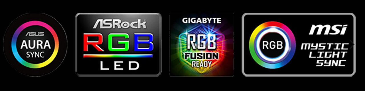 Logos for: ASUS AURA Sync, ASRock RGB LED, GIGABYTE RGB Fusion Ready and MSI MYSTIC LIGHT SYNC