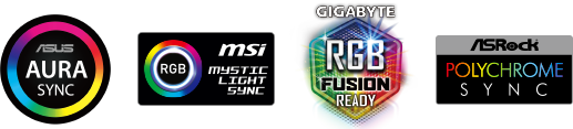  Icons of Asus Aura Sync, MSI Mystic Light Sync, Gigabyte RGB Fusion, and ASRock Polychrome Sync  