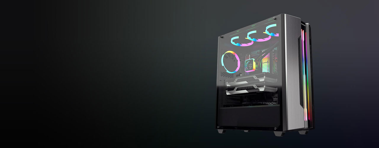  A view of a complete build through transparent side panel, with RGB lighting on 