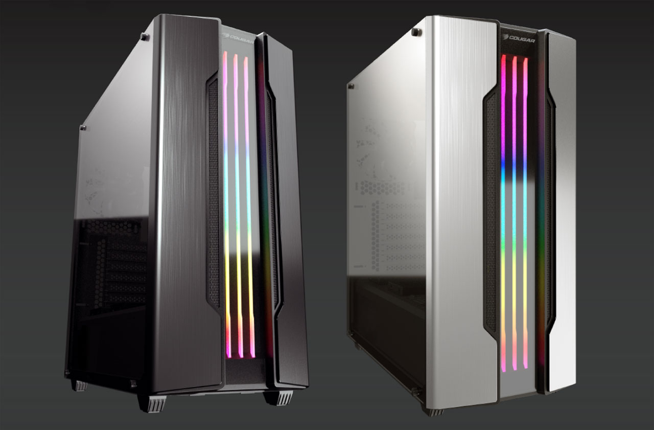   Two Gemini S on display side by side, facing slightly to the right, with front RGB lighting on. The left one is in iron-gray, and the right one is in silver 