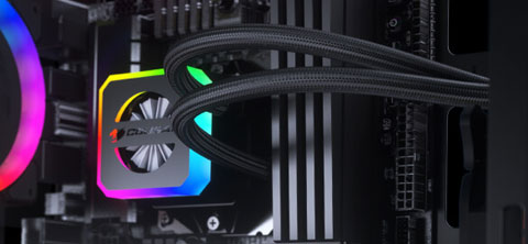  Closeup of a build, showing CPU RGB liquid cooler and a RGB fan  