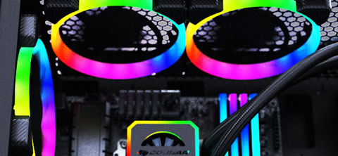  Closeup of a build, showing CPU RGB liquid cooler and three RGB fans  