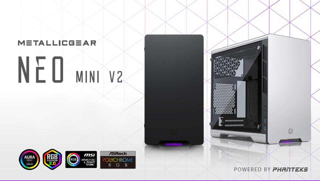 The MetallicGear NEO Mini V2 facing forward and side view and MetallicGear logo and AURA icon, RGB2.0 icon, MSI icon, iSROCK icon