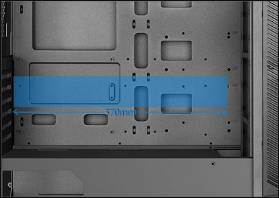 Blue graphic showing 370mm graphics-card length inside the case