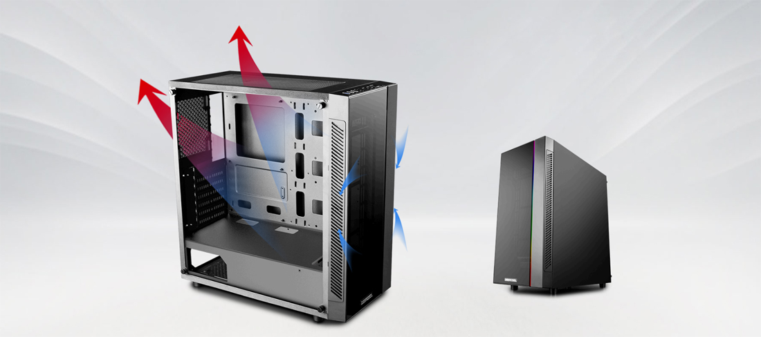 Two MATREXX 55 cases, one faces to the right with blue and red arrows indicating positive airflow. The case on the right is more in the background facing to the left