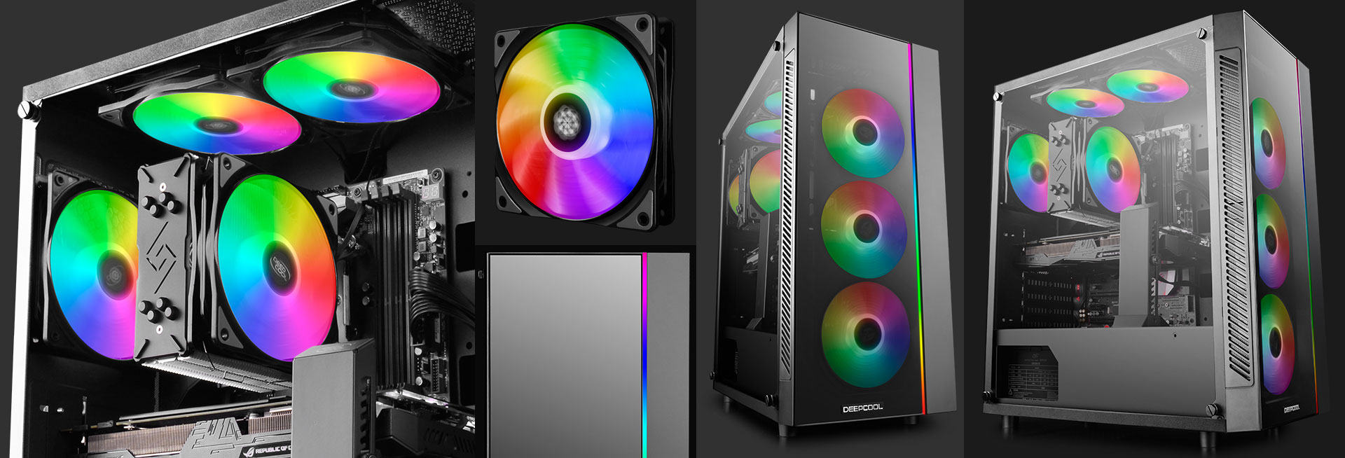 different shots and angles of the deepcool MATREXX 55 case with rainbow RGB-lit fans