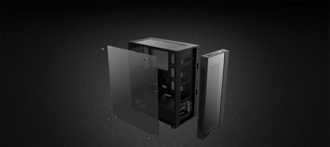 MATREXX 55 case facing to the right with its side a front panels removed, floating next to the chassis