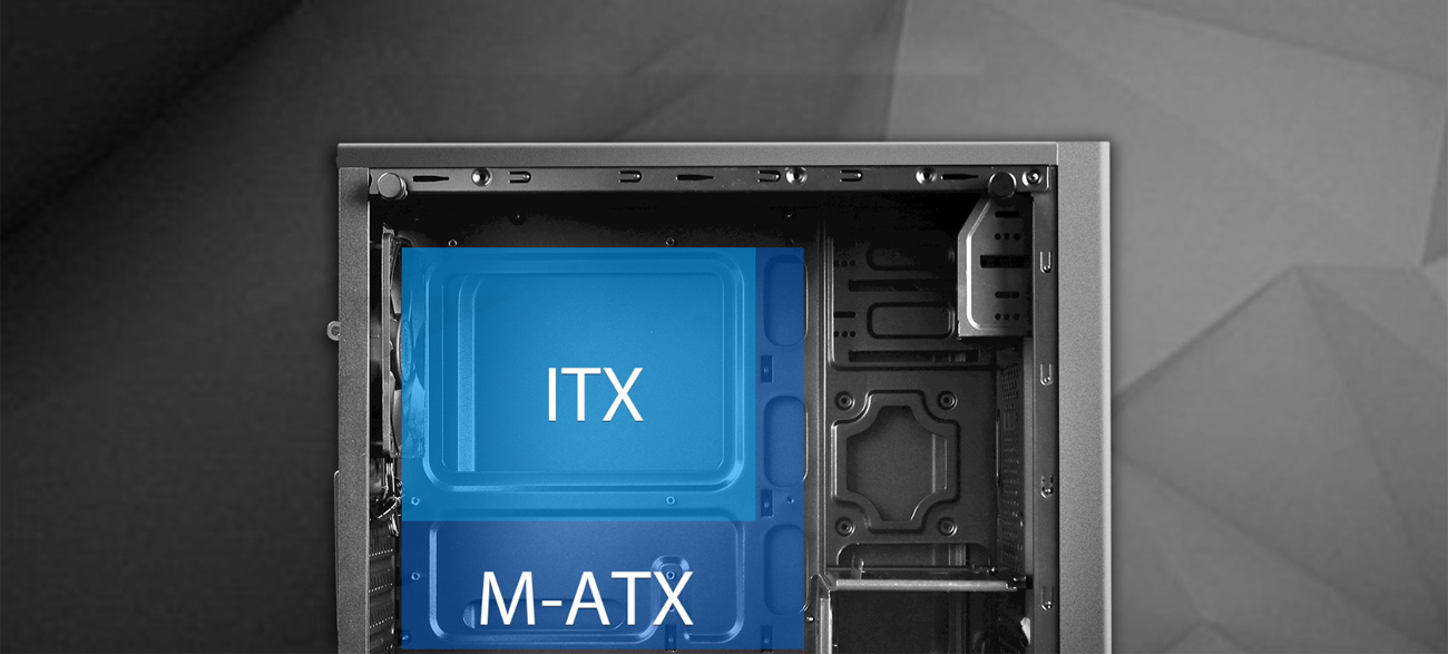 MATREXX 30 quay mặt sang phải với bảng điều khiển bên cạnh được gỡ bỏ và đồ họa cho thấy bo mạch chủ ITX và M-ATX phù hợp như thế nào