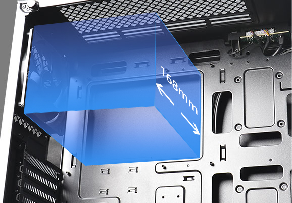 Blue area on the top of case in the picture shows Support 168mm (max) CPU cooler height