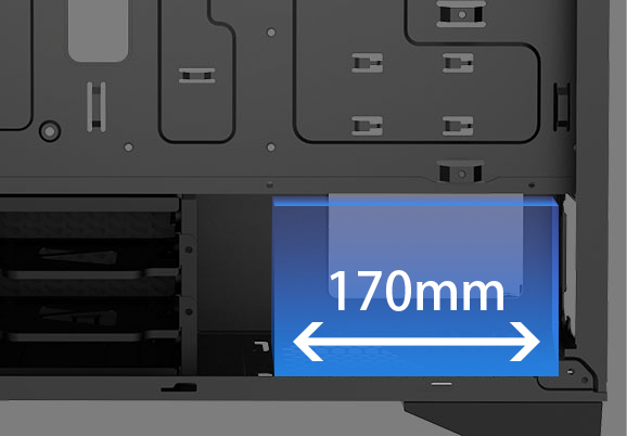 Blue area in the picture shows support Power Supply: ATX PS2 (Maximum length: 170mm)