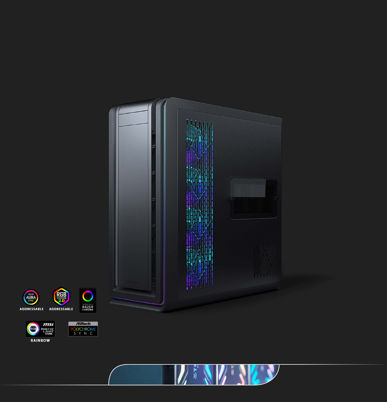 Enthoo 719 Side view and AURA SYNC icon, RGB 2.0 icon, RAZER CHROMA icon, RAINBOW icon, ASROCK icon