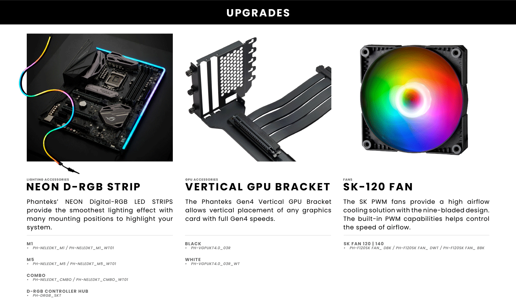 Supports some upgrade kits: Neo D-RGB Strip, Vertical GPU Bracket, SK-120 Fan