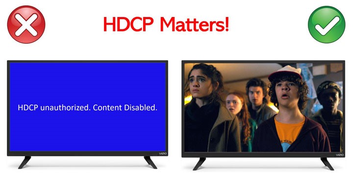 two large TVs showing blue screen and a show separately to show the difference of HDCP