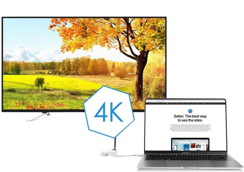 a laptop connects to a 4K display via this adapter hub