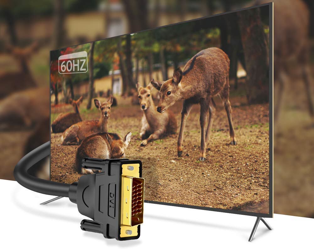 the cable beside a TV showing deers