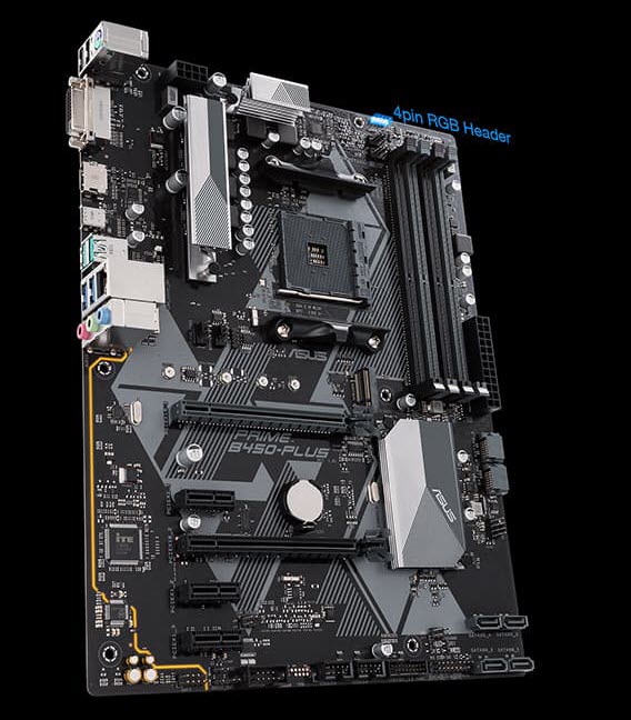 the motherboard showing its 4 pin RGB header