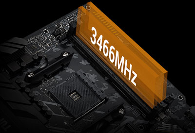 ASUS TUF B450M-PLUS GAMING Motherboard Memory Area with 3466MHz Orange Block Graphic Highlights