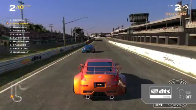 Racing Game Screenshot with DTS Sound On and Off Graphic
