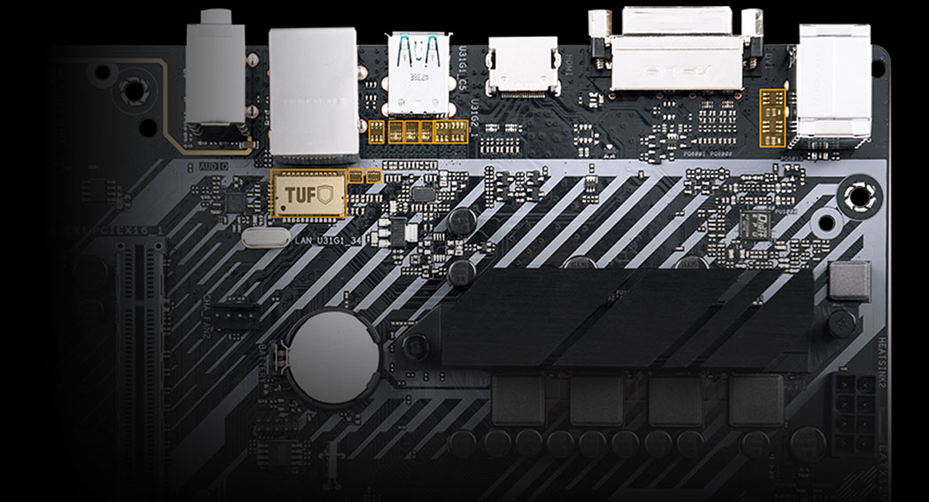 Closeup Shot of the ESD GUARDS on the Back of the ASUS TUF B450M-PLUS GAMING Motherboard