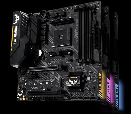 Three ASUS TUF B450M-PLUS GAMING Motherboards Standing Up, Angled to the Right, One Behind the Other with Yellow, Pink and Blue TUF GAMING Lighting
